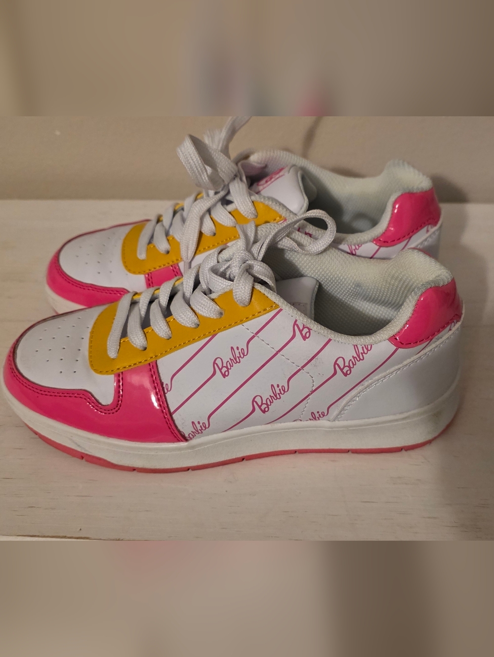 Barbie White Sneakers with Pink Script & Yellow Accents